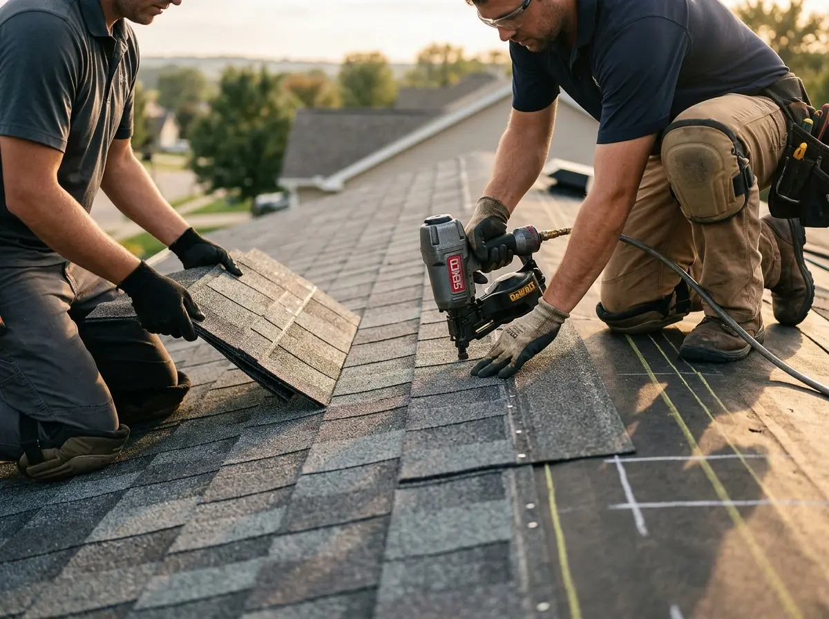 Professional roofer working on a residential roof in Rochelle Park